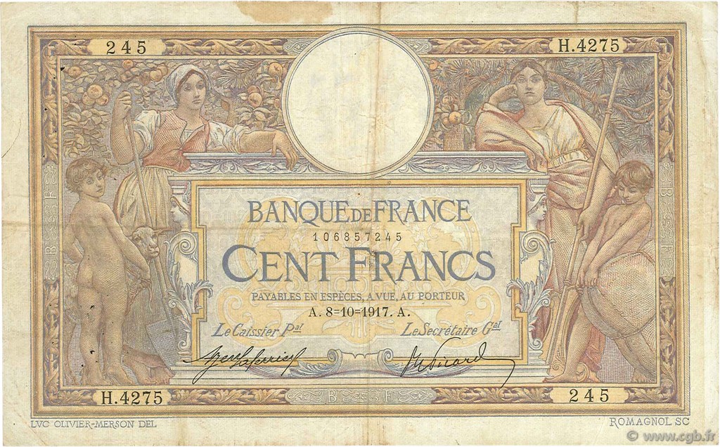 100 Francs LUC OLIVIER MERSON sans LOM FRANKREICH  1917 F.23.09a SGE