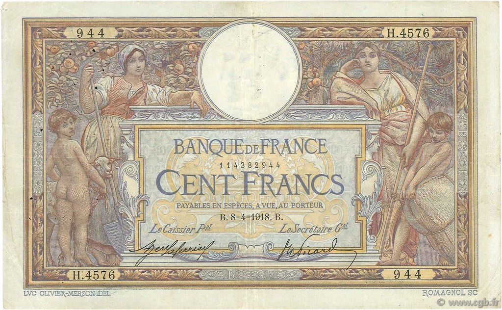 100 Francs LUC OLIVIER MERSON sans LOM FRANKREICH  1918 F.23.10 fSS