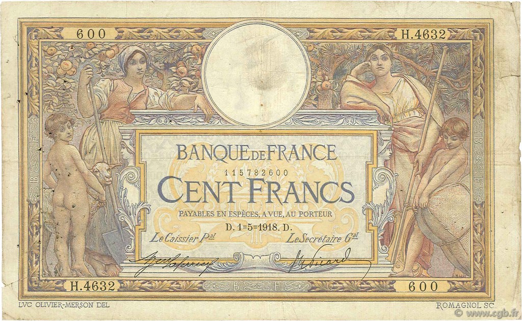 100 Francs LUC OLIVIER MERSON sans LOM FRANKREICH  1918 F.23.10 SGE