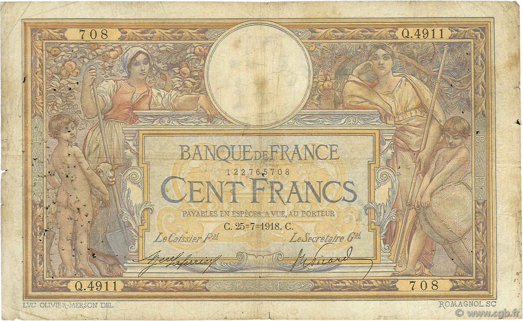 100 Francs LUC OLIVIER MERSON sans LOM FRANKREICH  1918 F.23.10 fSGE
