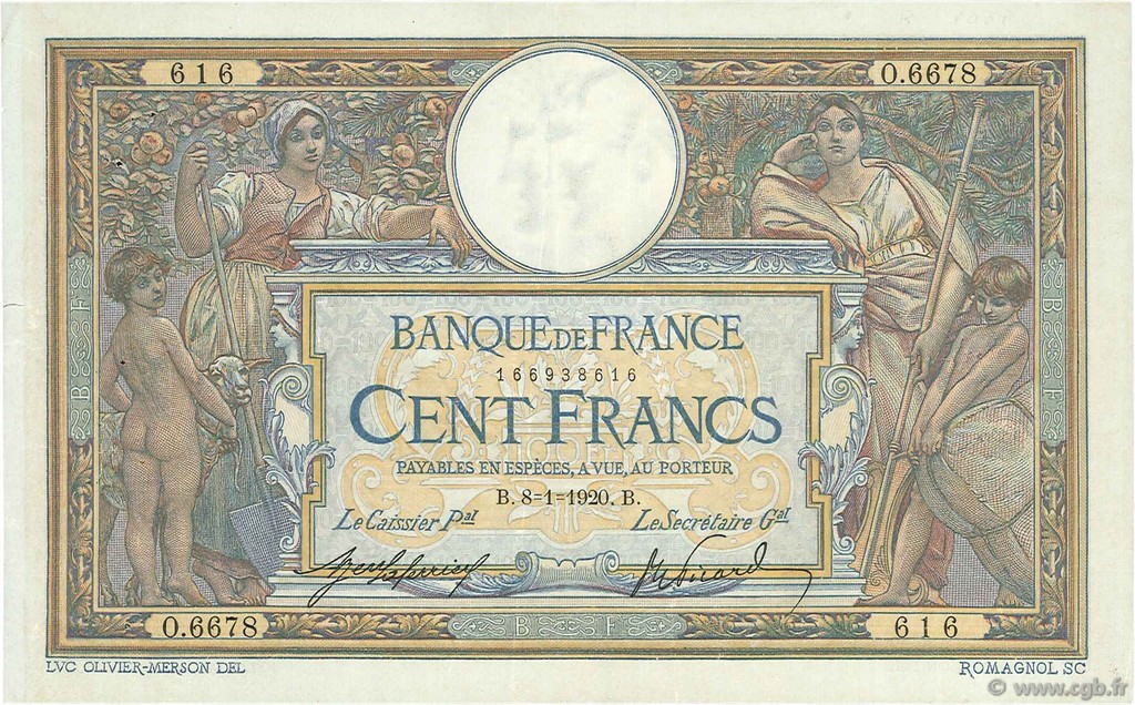 100 Francs LUC OLIVIER MERSON sans LOM FRANCIA  1920 F.23.12 BB