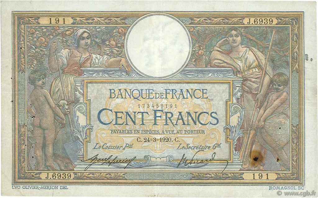 100 Francs LUC OLIVIER MERSON sans LOM FRANKREICH  1920 F.23.12 fSS