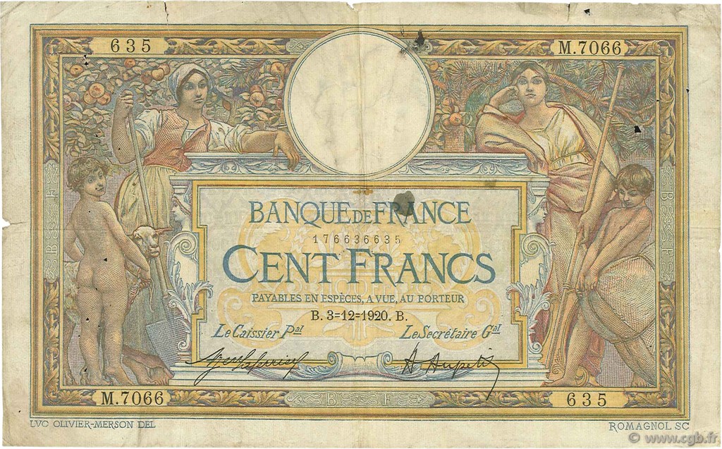 100 Francs LUC OLIVIER MERSON sans LOM FRANKREICH  1920 F.23.13 SGE