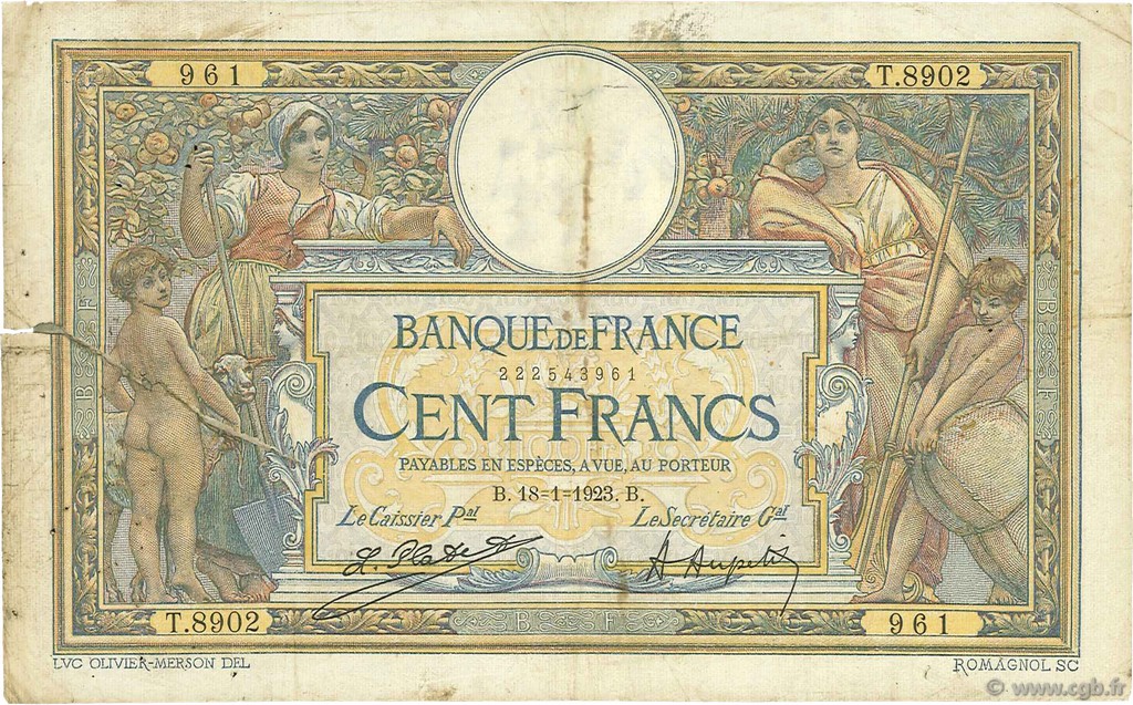 100 Francs LUC OLIVIER MERSON sans LOM FRANKREICH  1923 F.23.16 GE