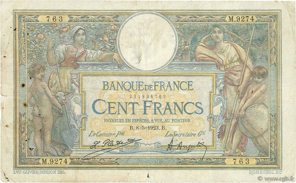 100 Francs LUC OLIVIER MERSON sans LOM FRANKREICH  1923 F.23.16 SGE