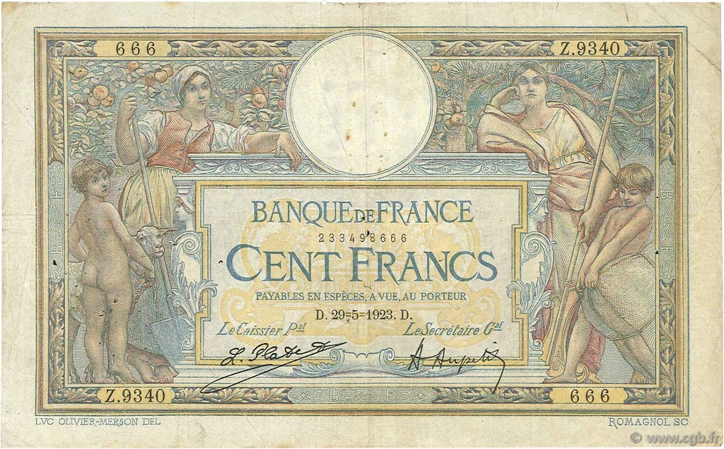 100 Francs LUC OLIVIER MERSON sans LOM FRANCIA  1923 F.23.16 B