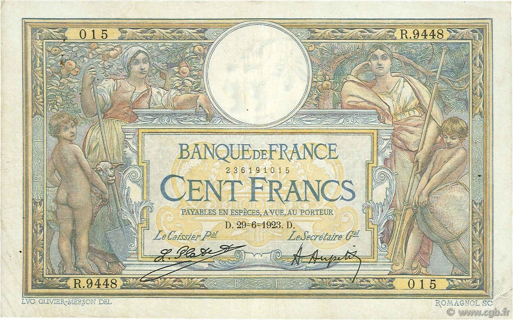 100 Francs LUC OLIVIER MERSON sans LOM FRANCE  1923 F.23.16 F+