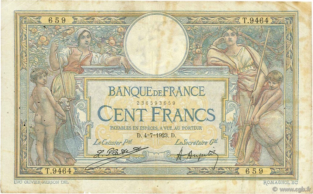 100 Francs LUC OLIVIER MERSON sans LOM FRANCIA  1923 F.23.16 q.MB