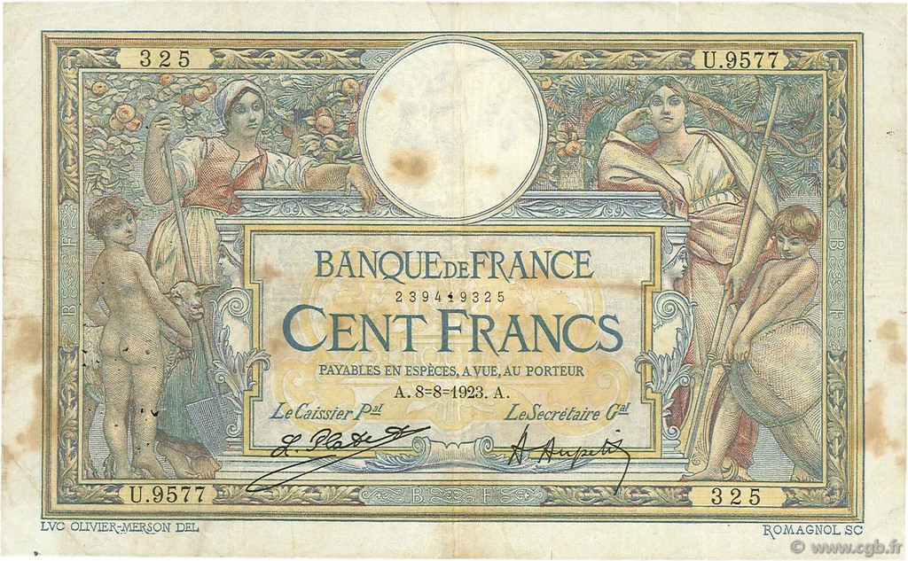 100 Francs LUC OLIVIER MERSON sans LOM FRANKREICH  1923 F.23.16 S