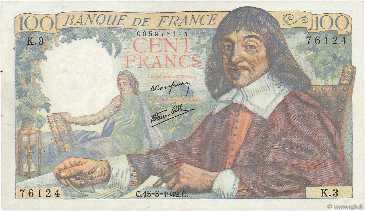100 Francs DESCARTES FRANCIA  1942 F.27.01 q.SPL
