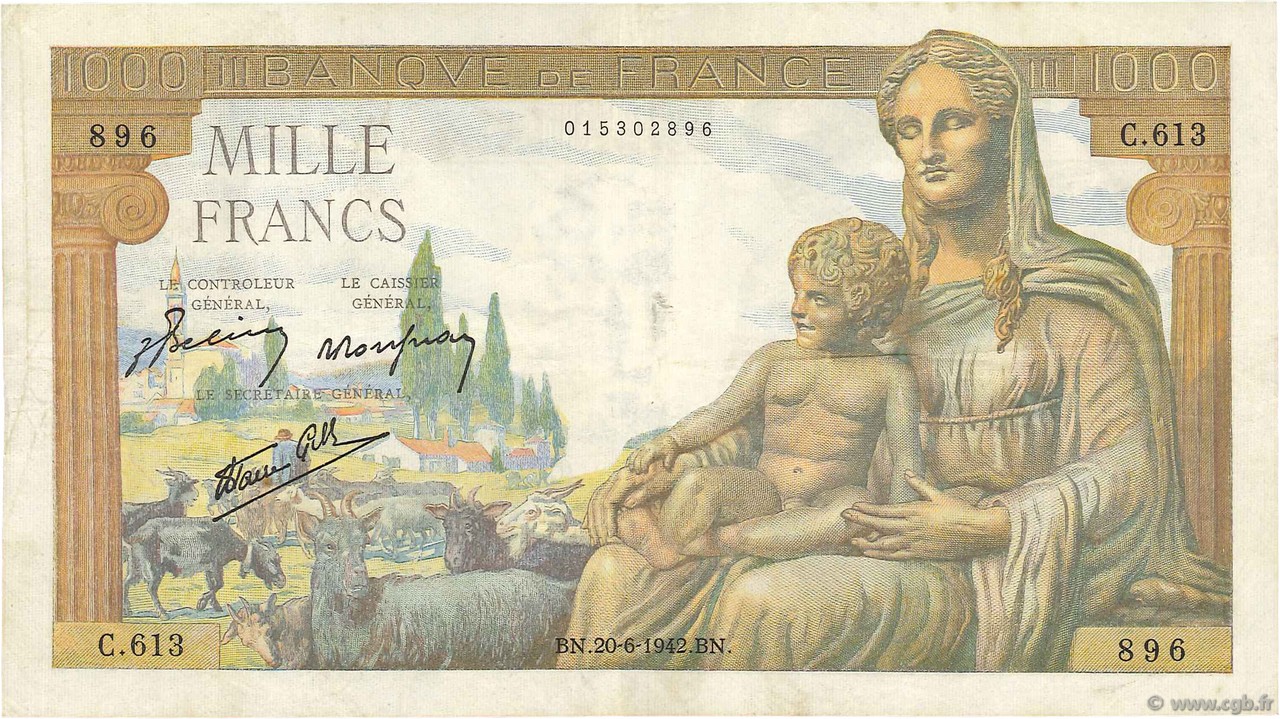 1000 Francs DÉESSE DÉMÉTER  FRANCE  1942 F.40.03 TTB+