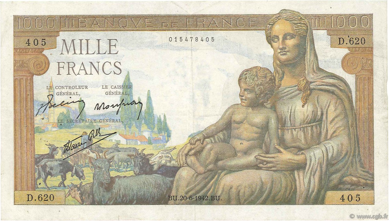 1000 Francs DÉESSE DÉMÉTER FRANKREICH  1942 F.40.03 fVZ