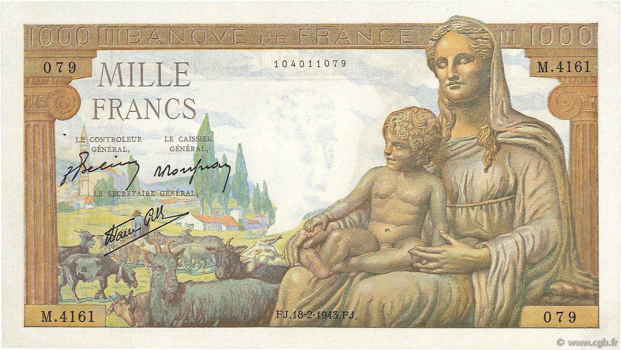 1000 Francs DÉESSE DÉMÉTER  FRANCE  1943 F.40.19 SUP