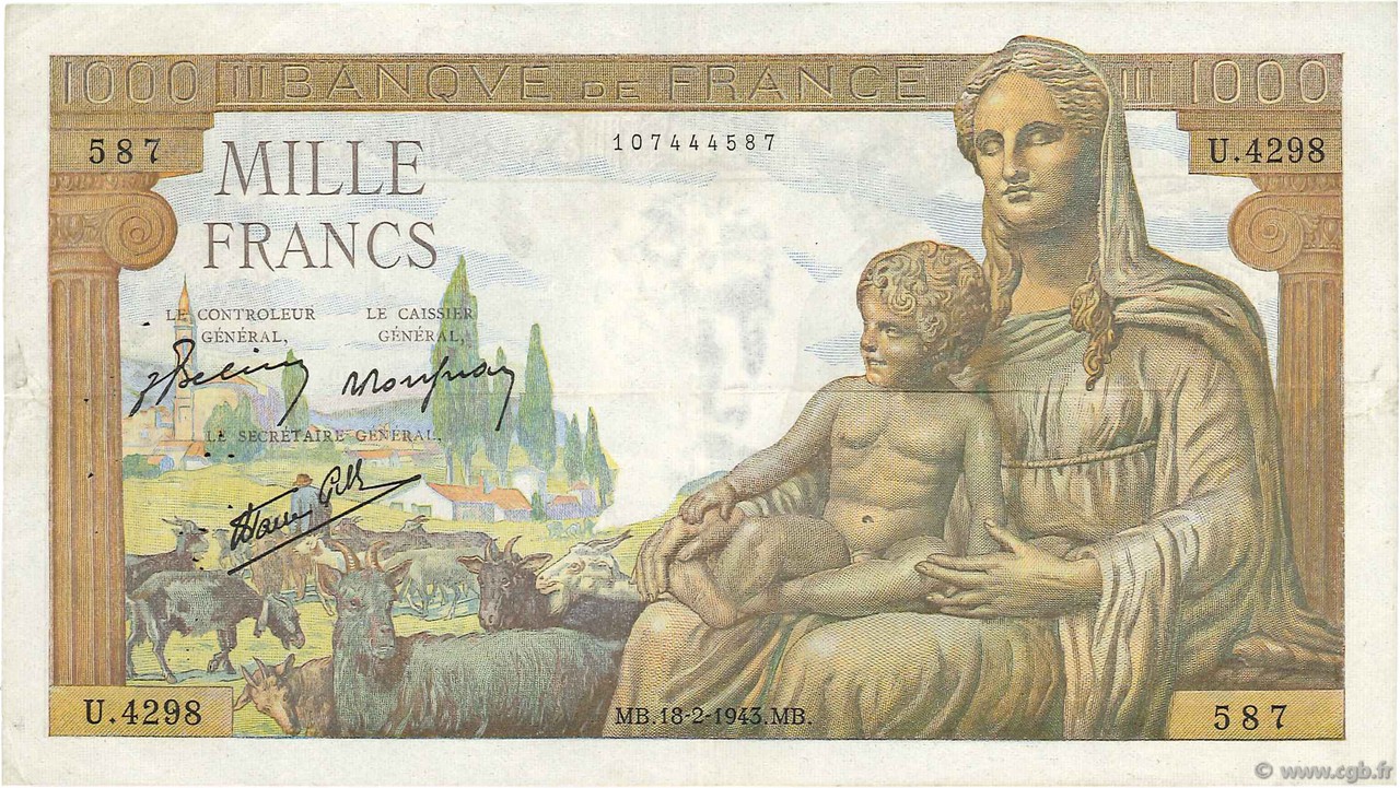 1000 Francs DÉESSE DÉMÉTER  FRANCE  1943 F.40.19 TTB+