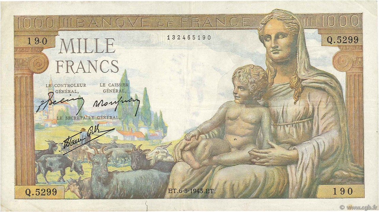 1000 Francs DÉESSE DÉMÉTER FRANCE  1943 F.40.23 TTB