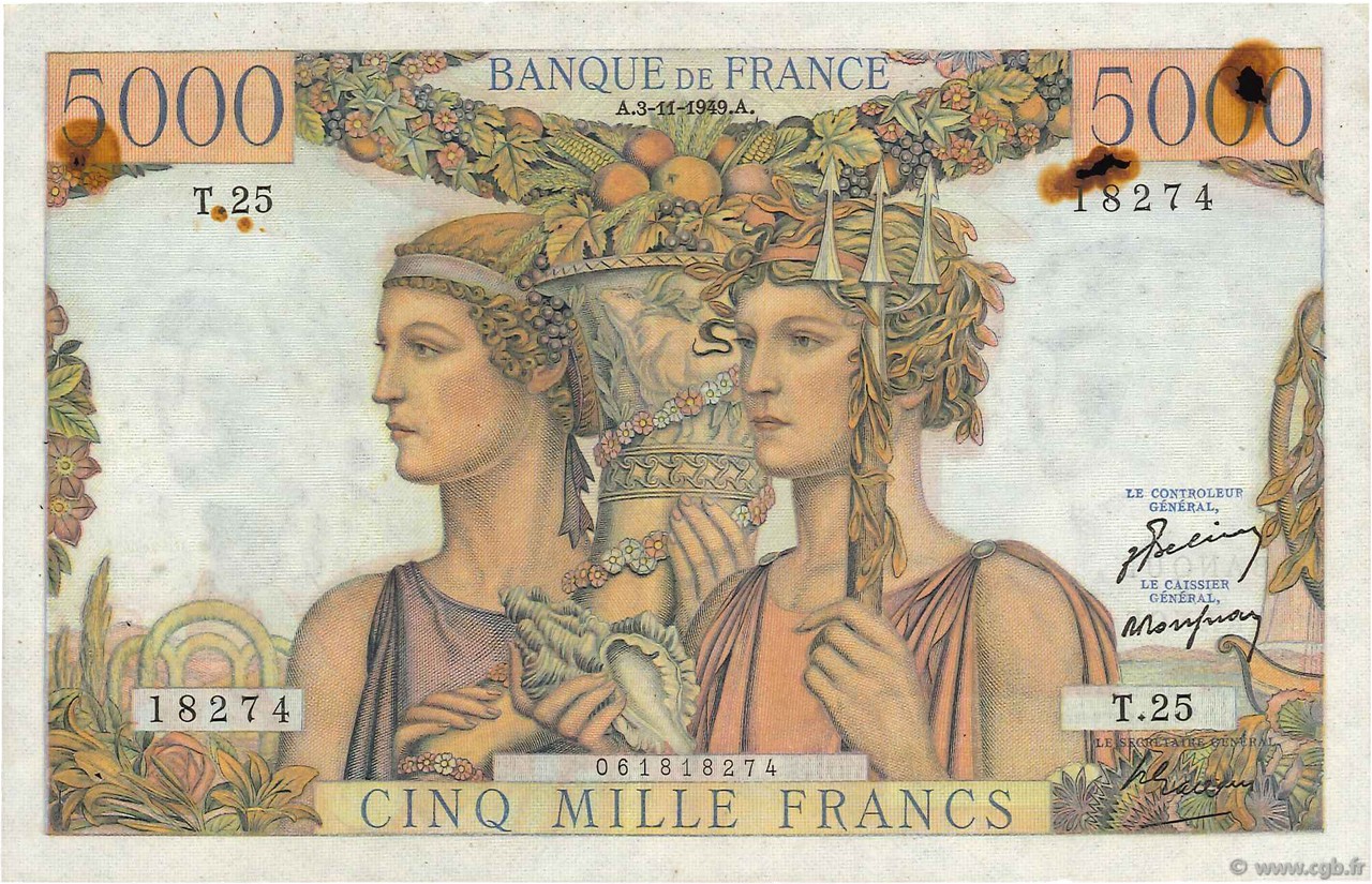 5000 Francs TERRE ET MER FRANCE  1949 F.48.02 XF-