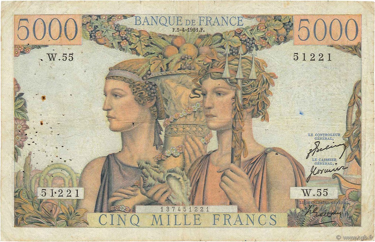 5000 Francs TERRE ET MER  FRANCE  1951 F.48.04 TB