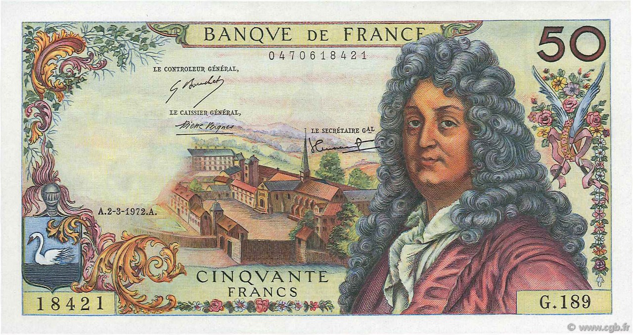 50 Francs RACINE FRANCIA  1972 F.64.20 AU+