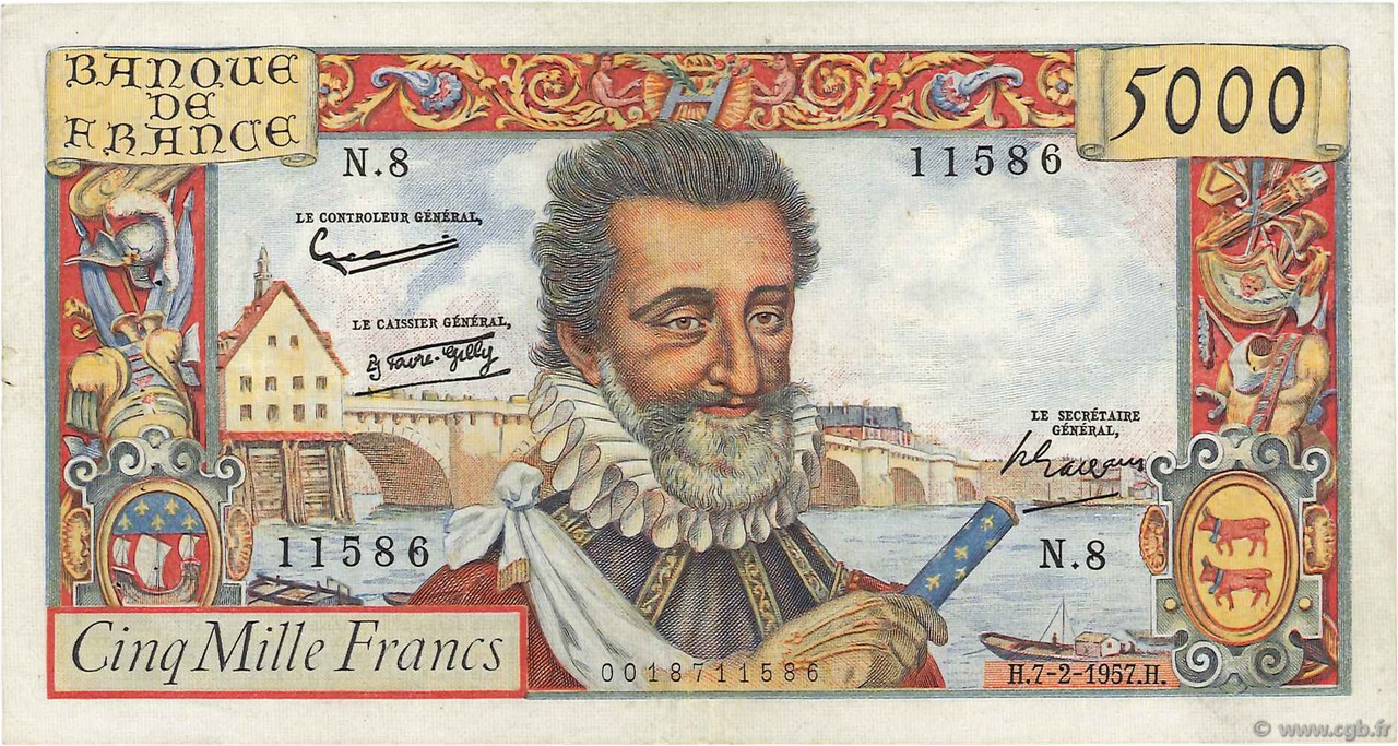5000 Francs HENRI IV FRANCE  1957 F.49.01 VF