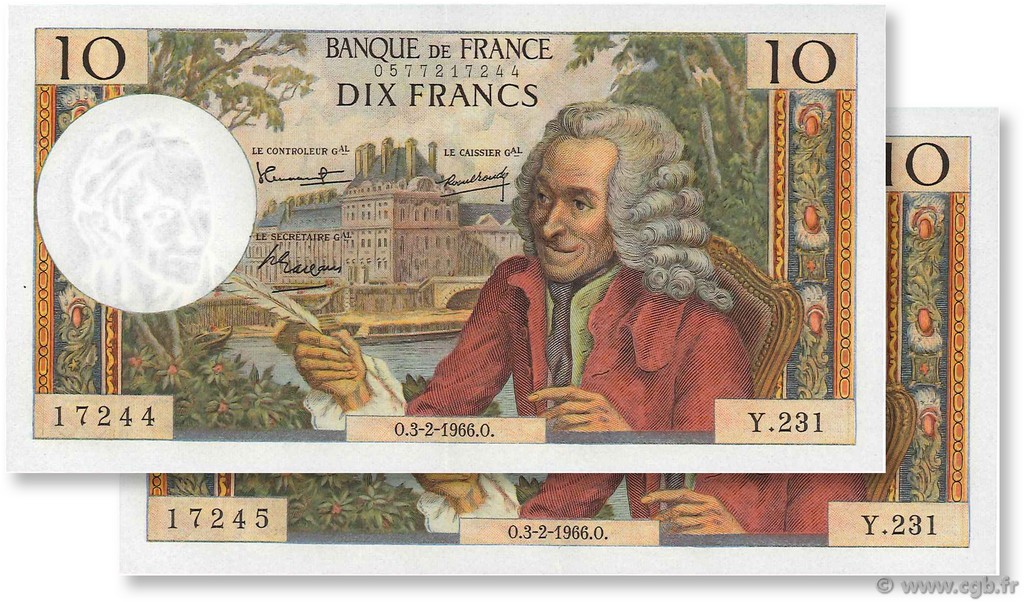 10 Francs VOLTAIRE Consécutifs FRANCE  1966 F.62.20 AU