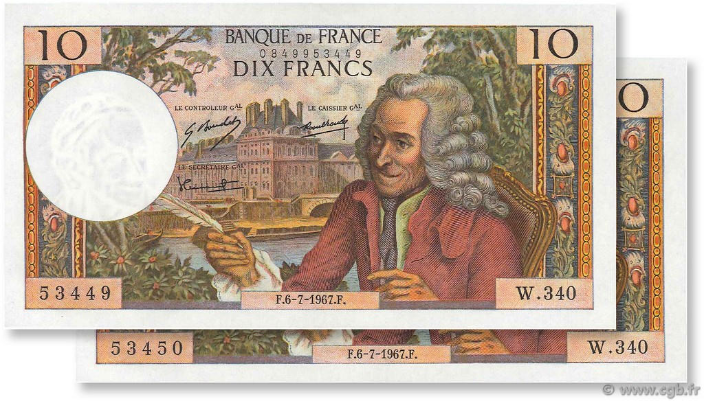 10 Francs VOLTAIRE Consécutifs FRANCE  1967 F.62.27 AU