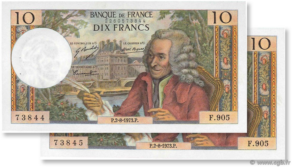10 Francs VOLTAIRE Consécutifs FRANCIA  1973 F.62.63 SPL