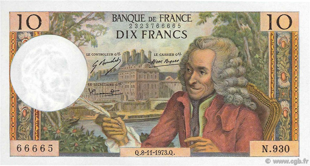10 Francs VOLTAIRE FRANCE  1973 F.62.64 XF