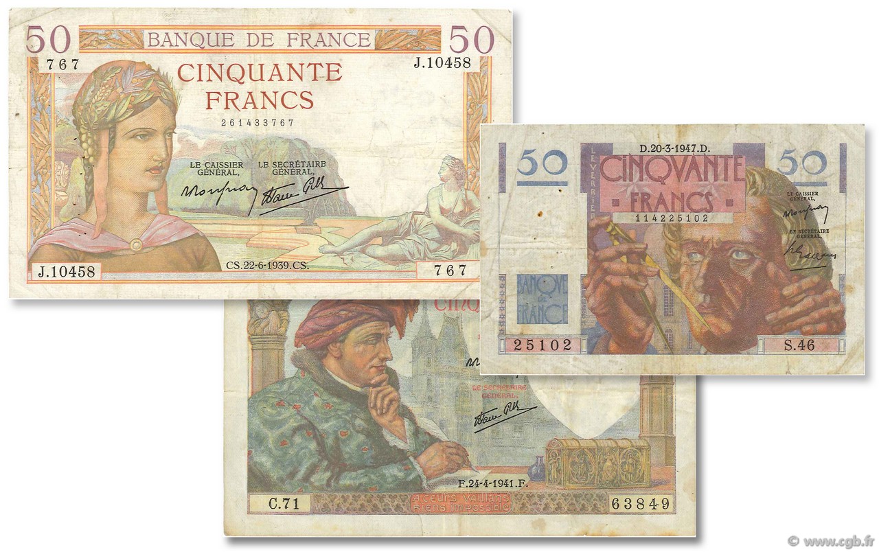 Lot 3 billets BdF : Les 50 Francs au XXe siècle FRANKREICH  1937 F.18-19-20 SGE to S