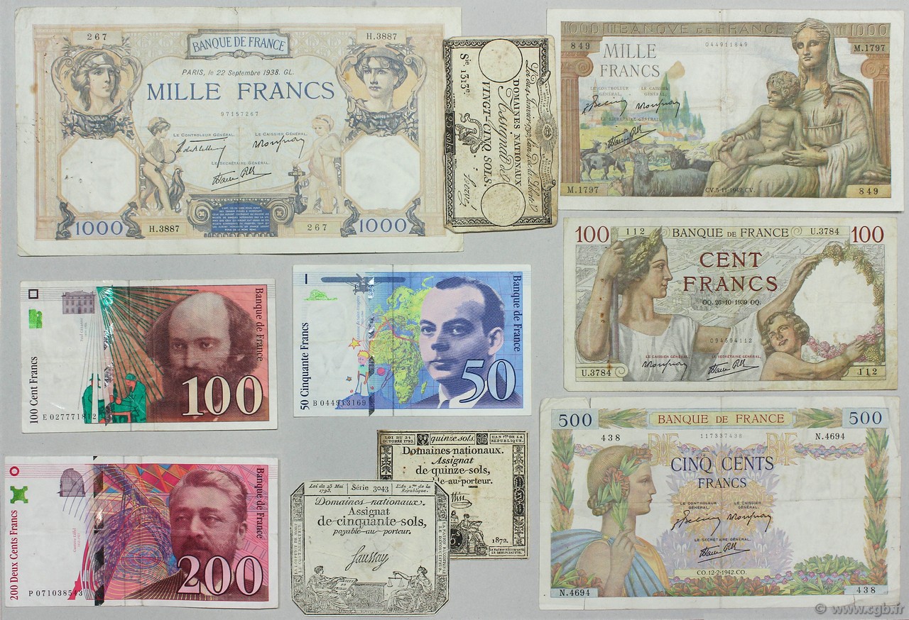 Lot de 10 billets : Pour Débuter une collection FRANCIA  1792 Ass.25-35-42-F.26-32-38-40-73-74-75 B a MB
