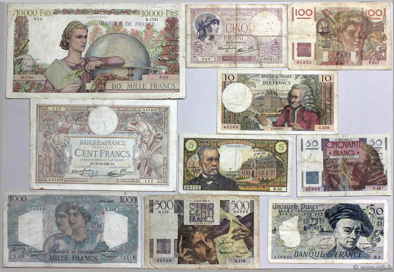 Lot de 10 billets : Pour Débuter une collection FRANCIA  1939 F.04-20-25-28-34-41-50-61-62-67 B a MB