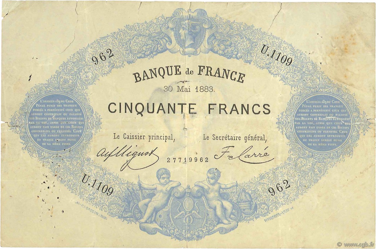 50 Francs type 1868 Indices Noirs FRANCE  1883 F.A38.13 VG