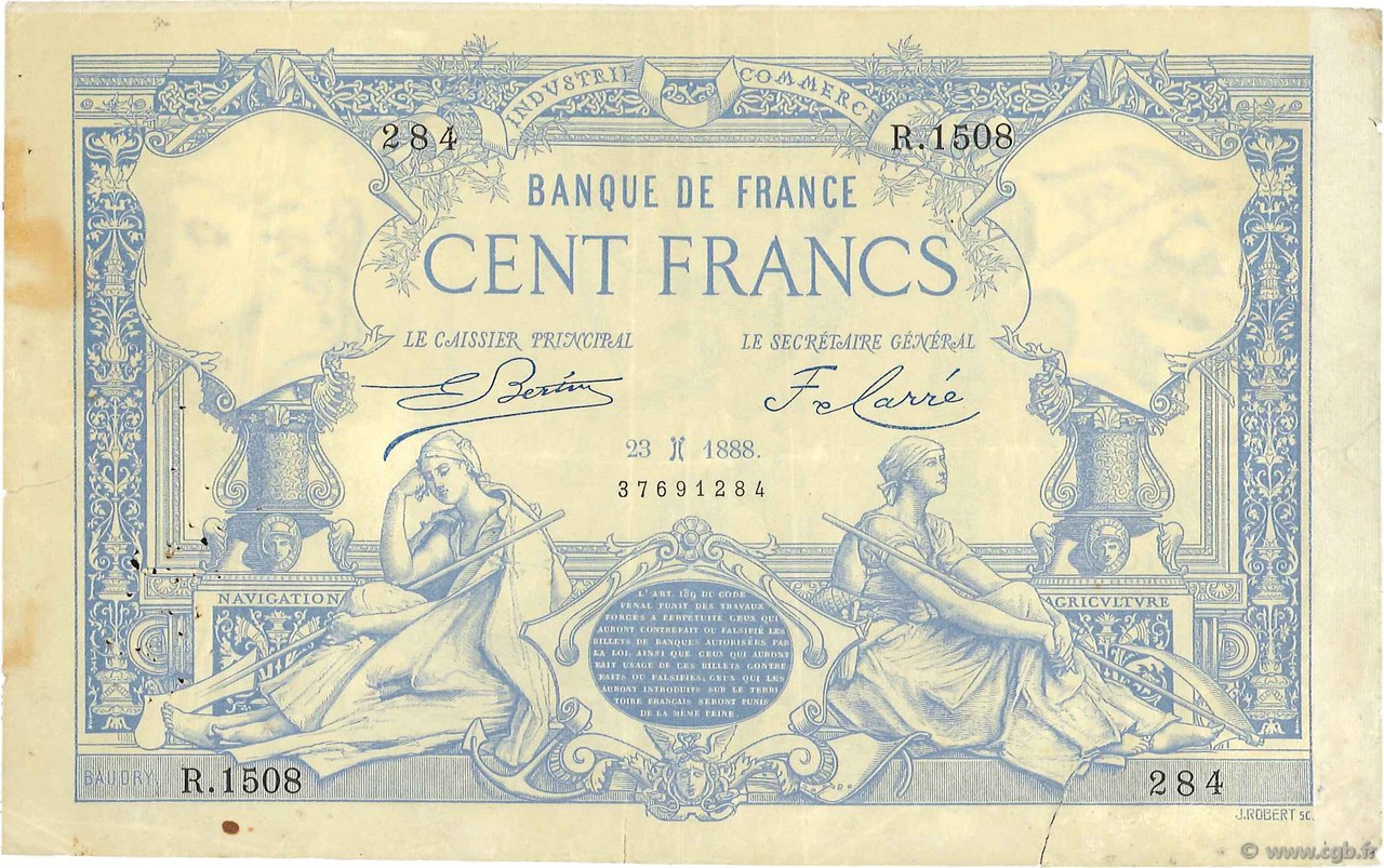 100 Francs type 1882 FRANKREICH  1888 F.A48.08 S to SS