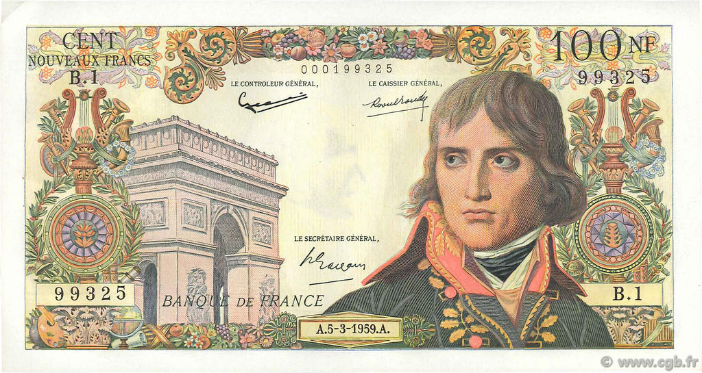 100 Nouveaux Francs BONAPARTE FRANCIA  1959 F.59.01 q.AU
