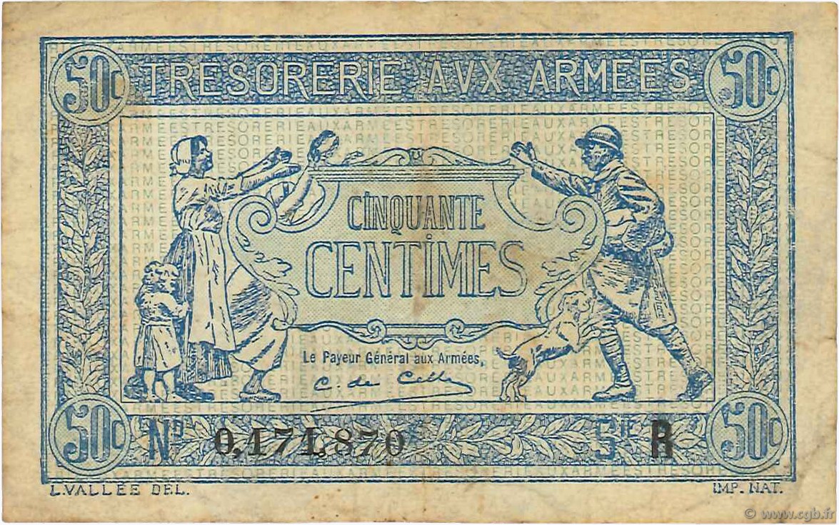 50 Centimes TRÉSORERIE AUX ARMÉES 1919 FRANCIA  1919 VF.02.01 MBC
