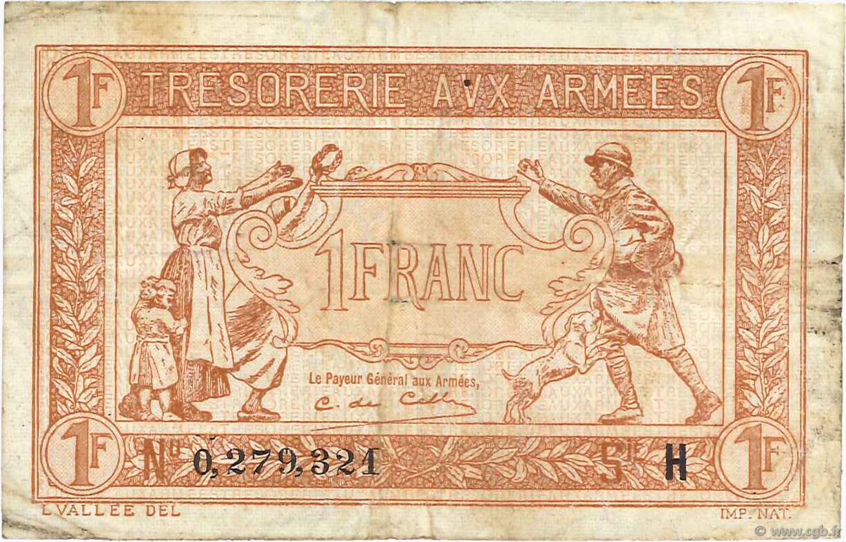 1 Franc TRÉSORERIE AUX ARMÉES 1917 FRANCE  1917 VF.03.08 F+