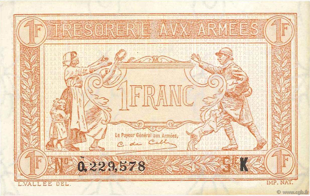 1 Franc TRÉSORERIE AUX ARMÉES 1917 FRANKREICH  1917 VF.03.11 VZ