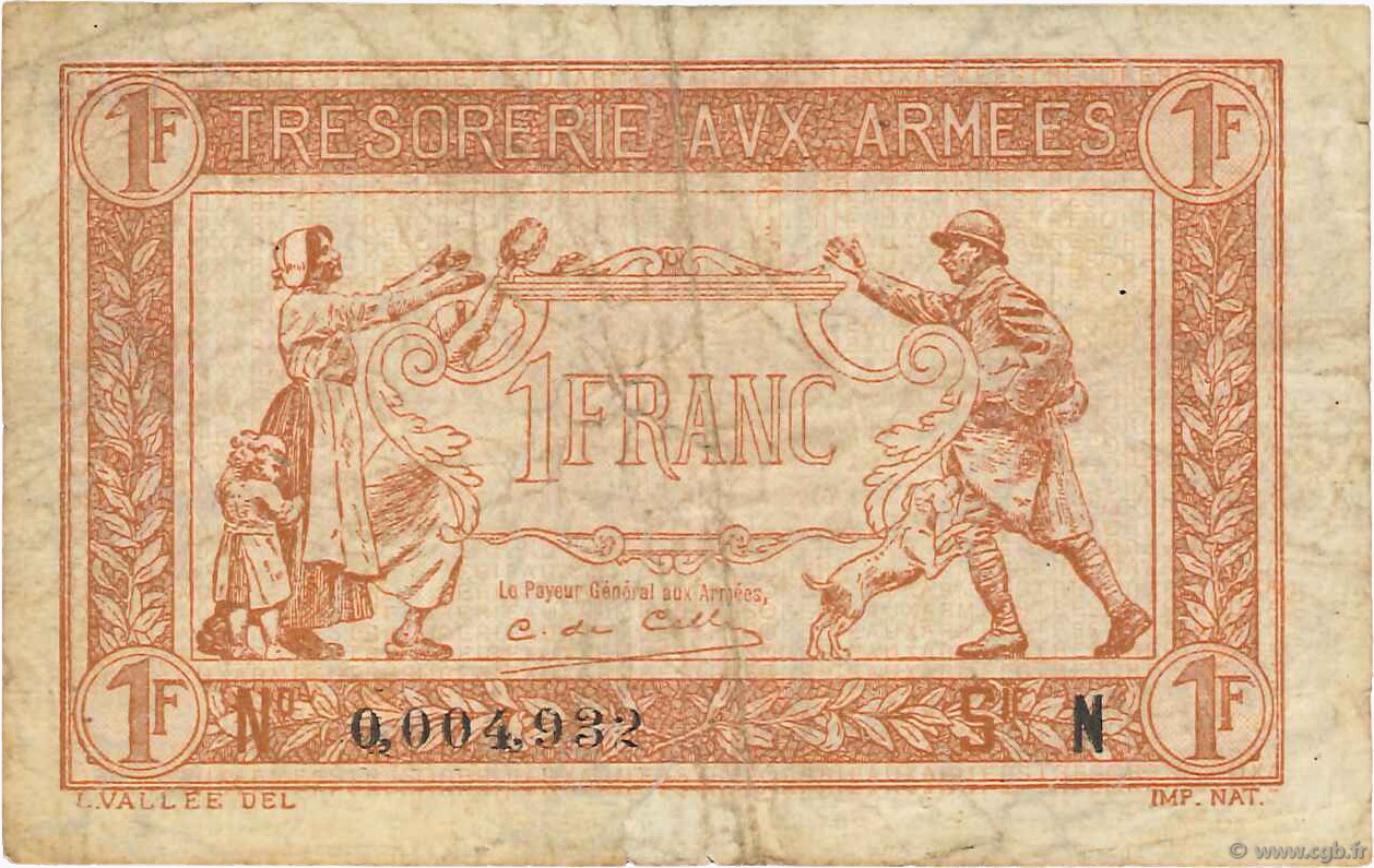 1 Franc TRÉSORERIE AUX ARMÉES 1919 FRANCIA  1919 VF.04.01 MB