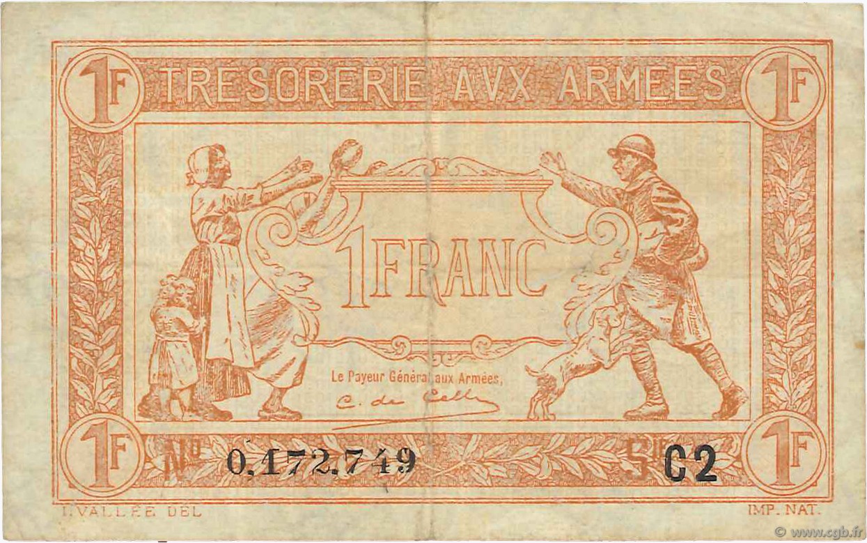1 Franc TRÉSORERIE AUX ARMÉES 1919 FRANCIA  1919 VF.04.16 MBC