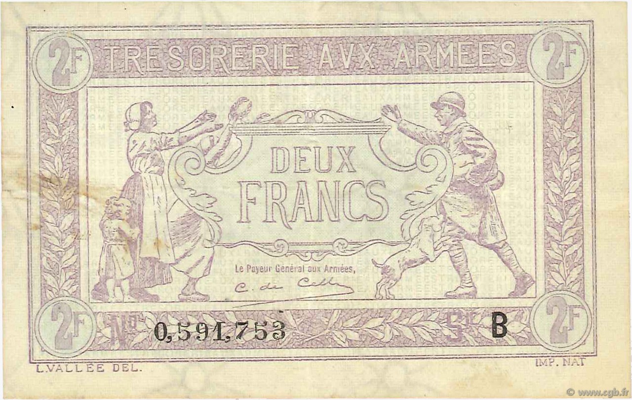 2 Francs TRÉSORERIE AUX ARMÉES FRANCIA  1917 VF.05.02 MBC