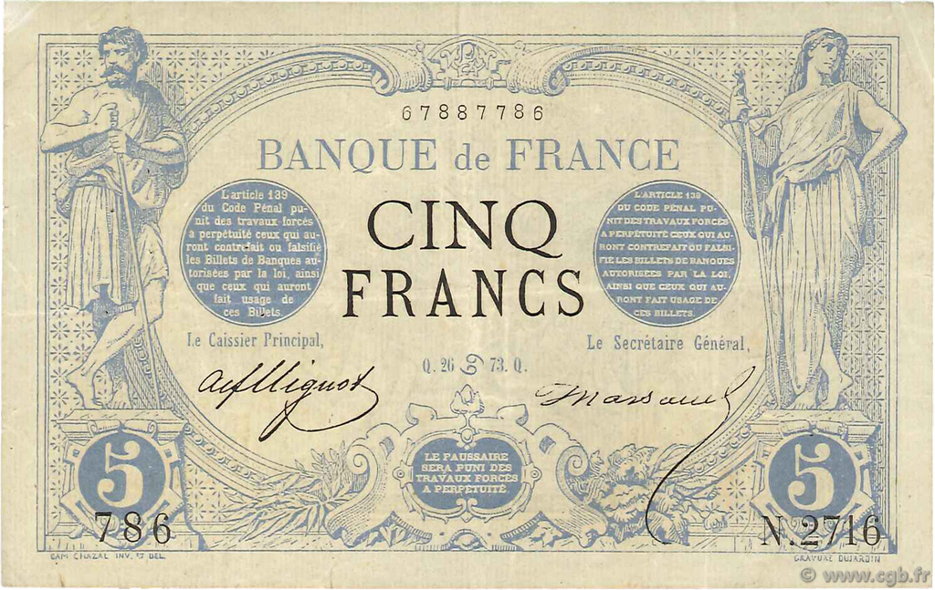 5 Francs NOIR FRANCE  1873 F.01.18 F+