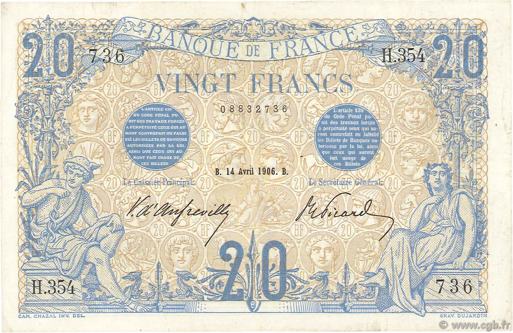 20 Francs BLEU FRANCIA  1906 F.10.01 MBC