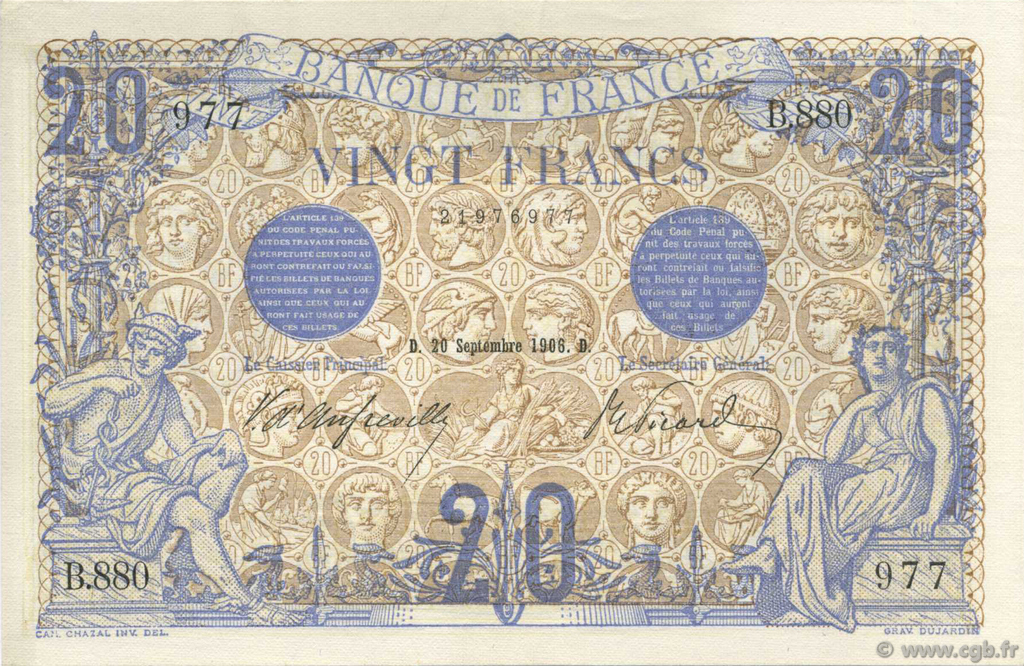 20 Francs BLEU FRANKREICH  1906 F.10.01 fST