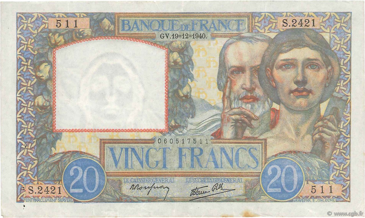 20 Francs TRAVAIL ET SCIENCE FRANKREICH  1940 F.12.11 fVZ