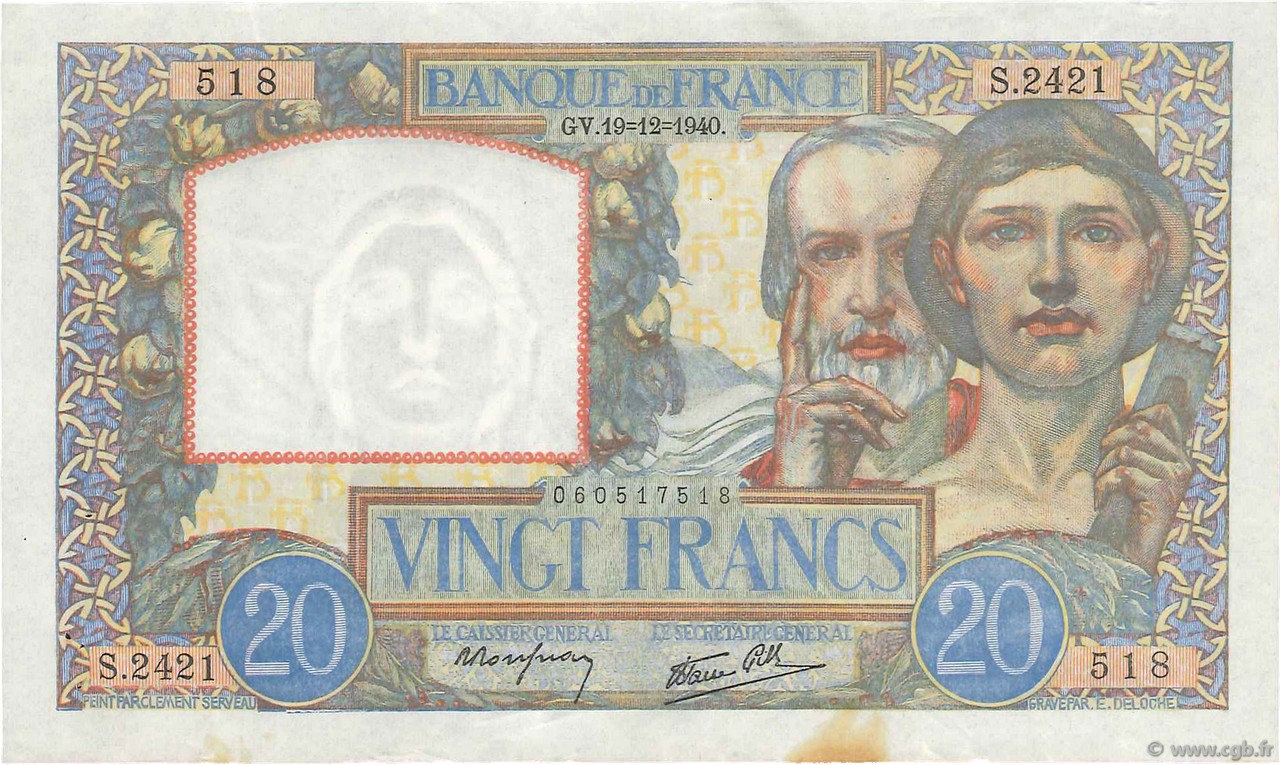 20 Francs TRAVAIL ET SCIENCE FRANCIA  1940 F.12.11 EBC