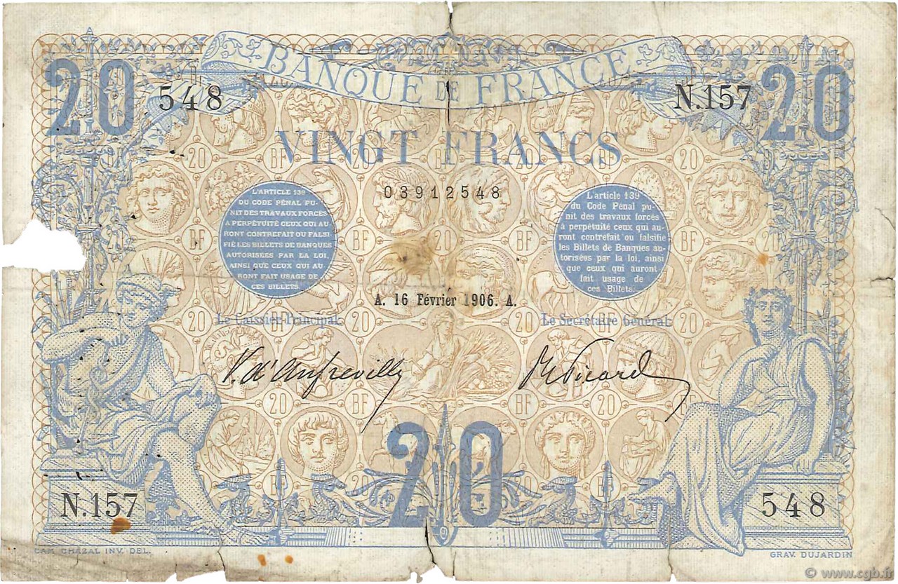 20 Francs BLEU FRANKREICH  1906 F.10.01 GE