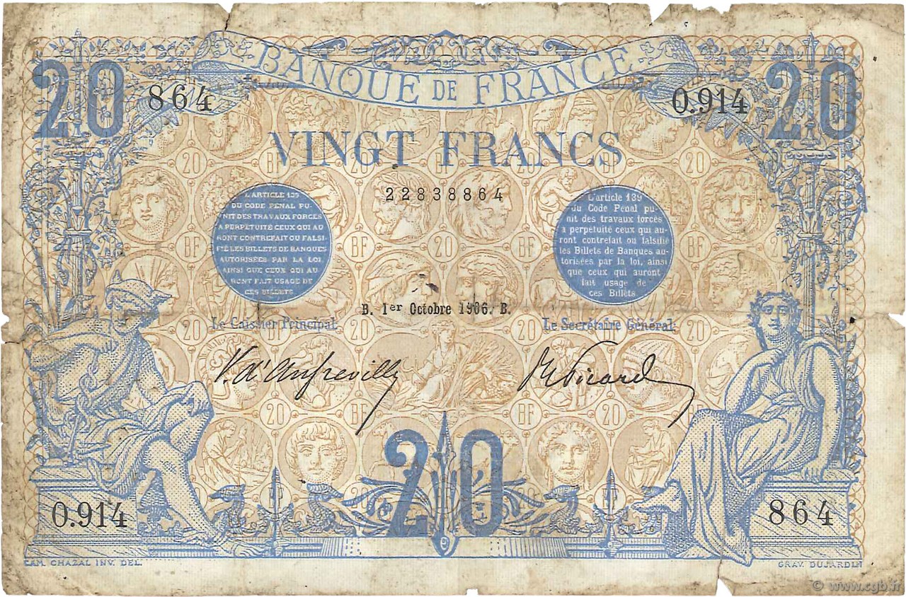 20 Francs BLEU Fauté FRANCE  1906 F.10.01 B+