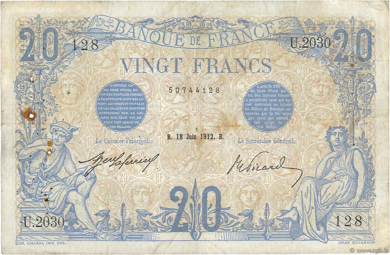 20 Francs BLEU FRANCIA  1912 F.10.02 q.BB