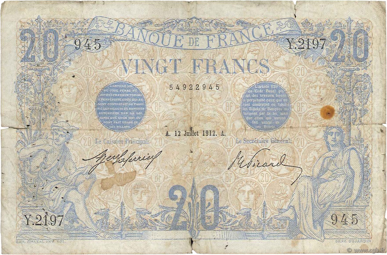 20 Francs BLEU FRANCIA  1912 F.10.02 q.MB