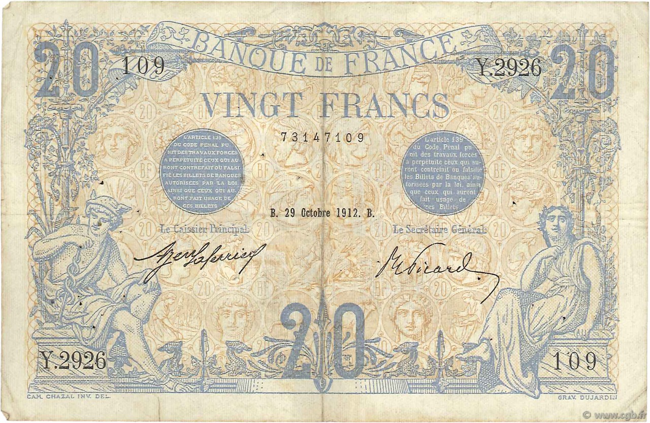 20 Francs BLEU FRANCE  1912 F.10.02 TTB