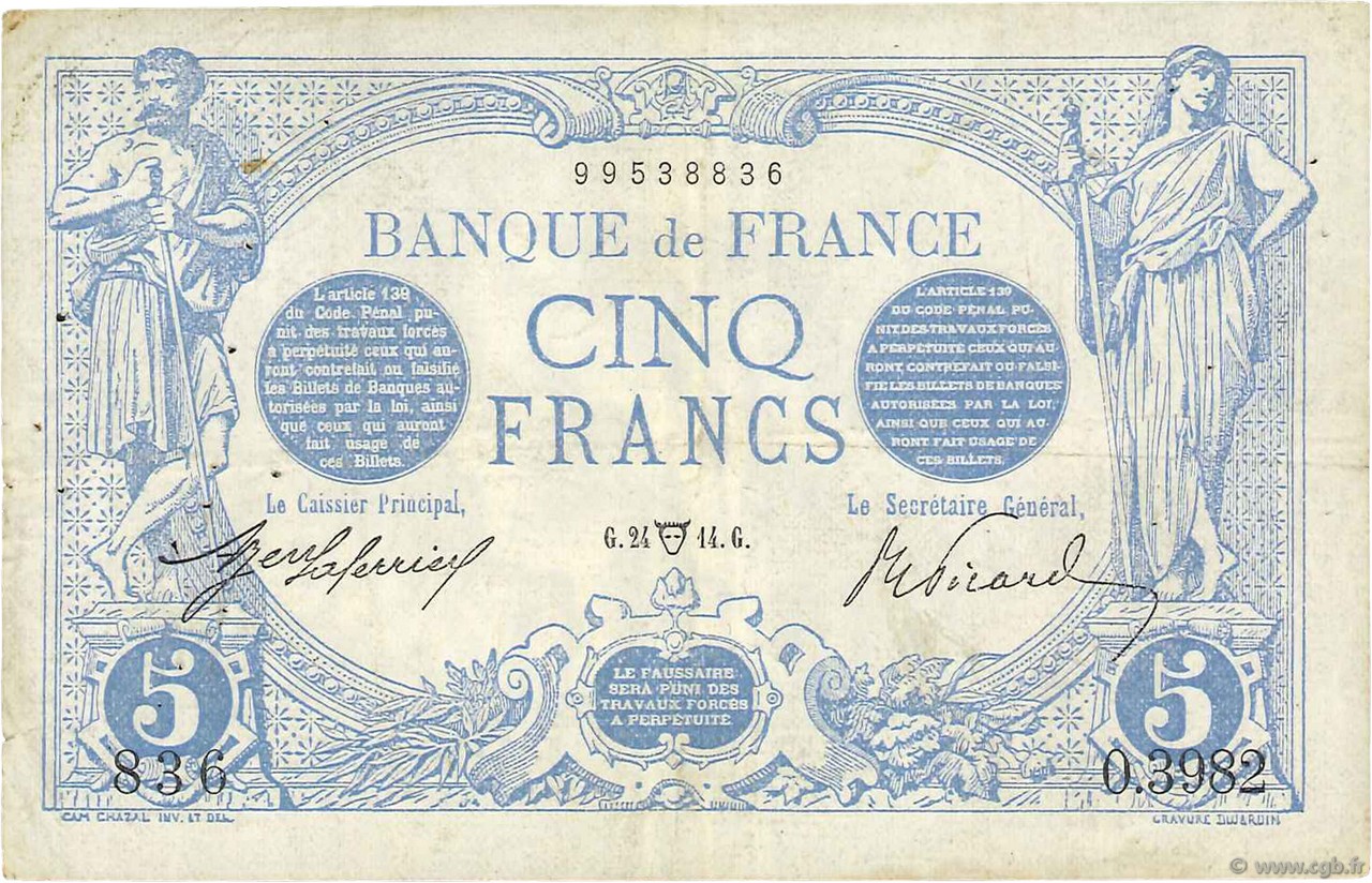 5 Francs BLEU FRANCIA  1914 F.02.22 BB